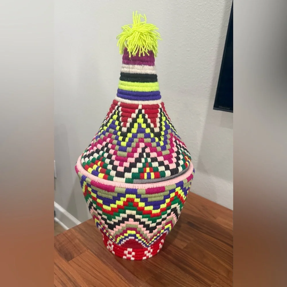 Vintage Multicolored Moroccan Berber Baskets with Bold Pattern.